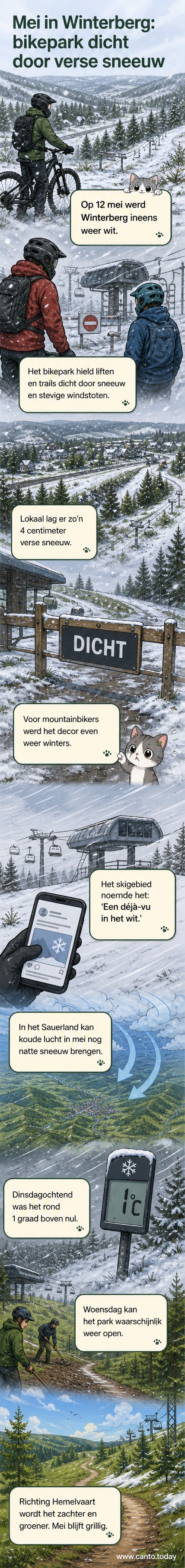 Besneeuwde bergpaden en liften in Winterberg, Duitsland, midden in mei, met witte vlekken op groene omgeving.