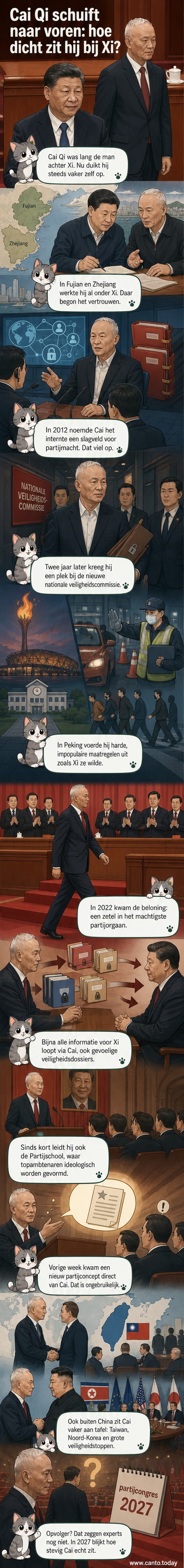 Illustratie van Cai Qi, met Xi Jinping op de achtergrond, terwijl hij officiële documenten doorgeeft in een kantoor met Chinese vlaggen.