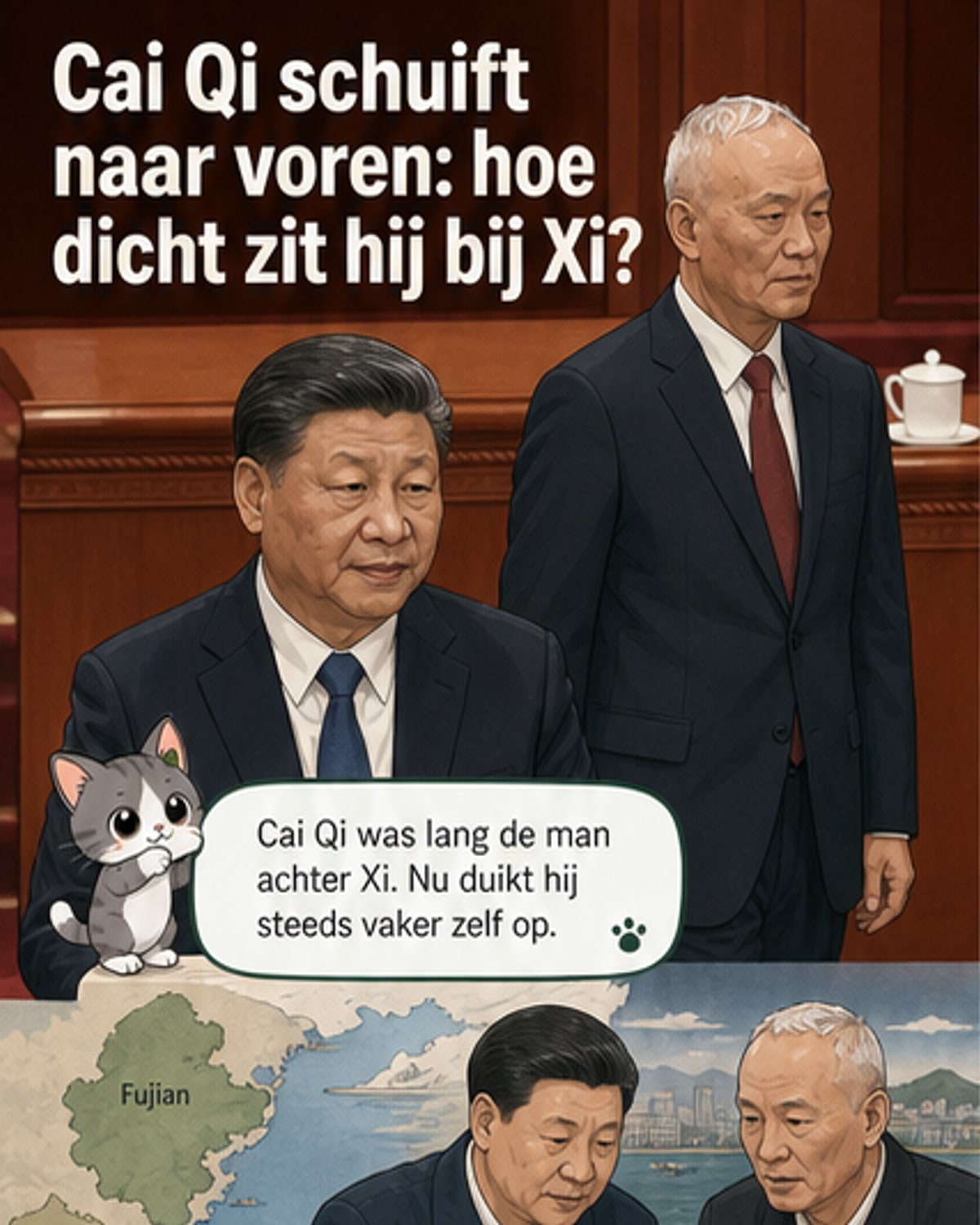 Illustratie van Cai Qi, met Xi Jinping op de achtergrond, terwijl hij officiële documenten doorgeeft in een kantoor met Chinese vlaggen.