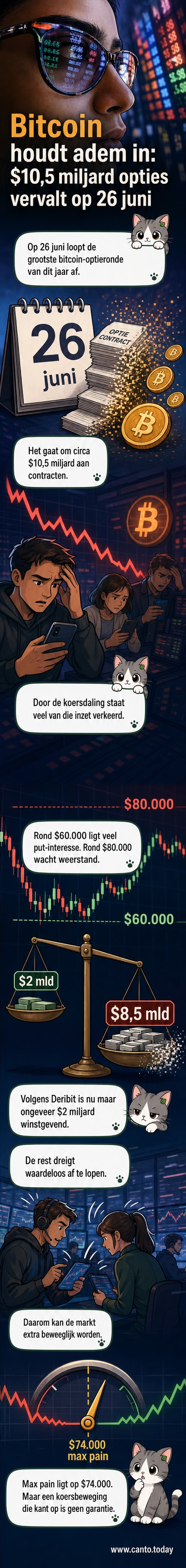 Bitcoin-symbool met dalende grafiek en klok die tikt naar 26 juni, met optiecontracten die in rook opgaan.
