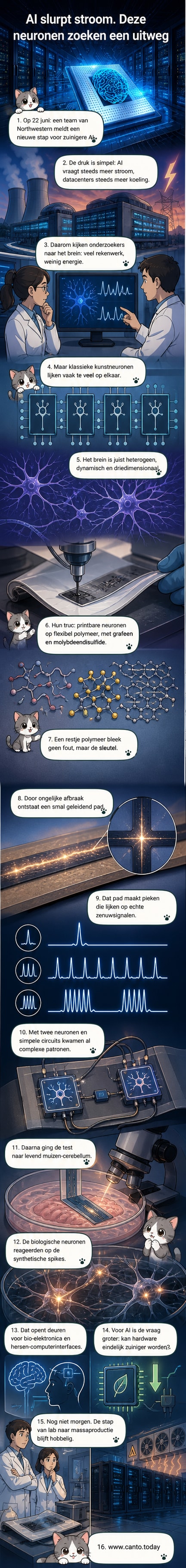 Illustratie van een kunstmatige neuron die elektrische signalen uitzendt naar een plakje levend hersenweefsel, met een microscoopachtige stijl.