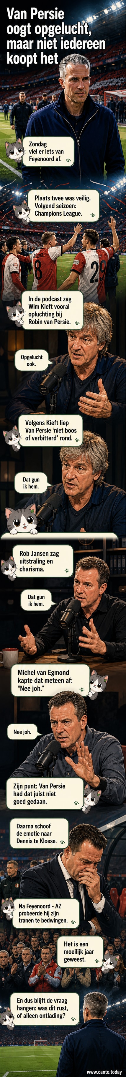 Illustratie van Robin van Persie op de zijlijn tijdens Feyenoord-AZ, met publiek op de achtergrond en emotionele sfeer.