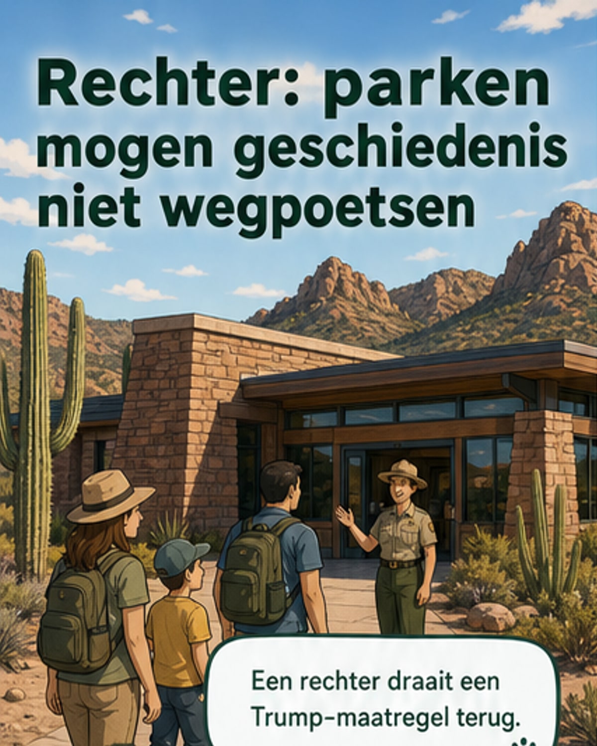 Illustratie van een Amerikaanse rechter die een document ondertekent terwijl achtergrondpanelen tonen nationale parken en historische klimaat- en slavernijexposities.