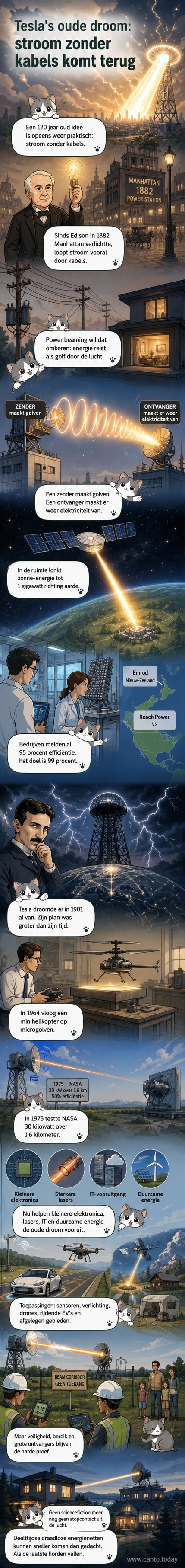 Illustratie van een toekomstige stad met zwevende energiestralen van een zonnestation in de ruimte naar antennes op daken, zonder elektriciteitskabels.