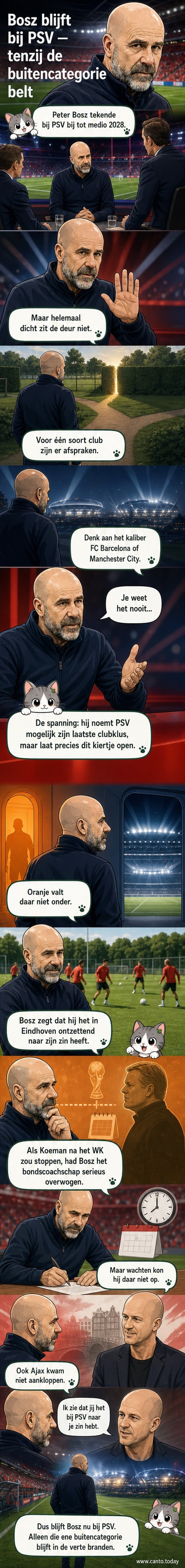 Peter Bosz kijkt serieus in de camera, achter hem het PSV-wapen en een stadiontribune.