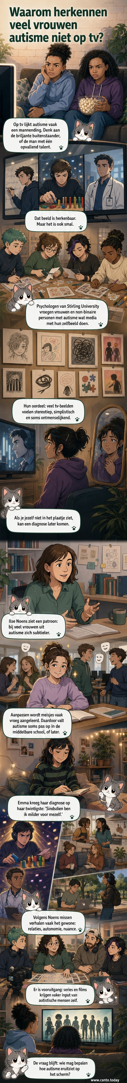 Illustratie van een tv-scherm met daarin stereotiepe beelden van autisme zoals Sheldon Cooper, naast een lege plek waar een vrouw of non-binair persoon zou moeten staan.