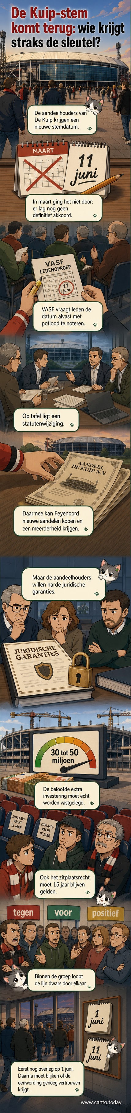 Illustratie van stadion De Kuip met het logo van Feyenoord, symboliserend de aanstaande eenwording en de spanning onder aandeelhouders.