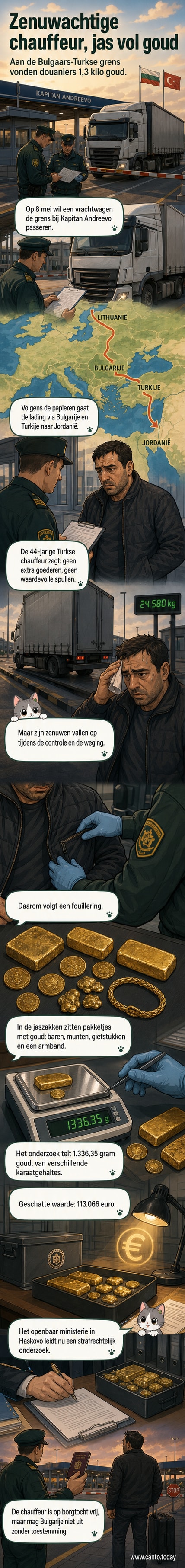 Illustratie van een vrachtwagen bij een grenspost, waar douanebeambten goudstukken uit de jaszakken van een chauffeur halen.