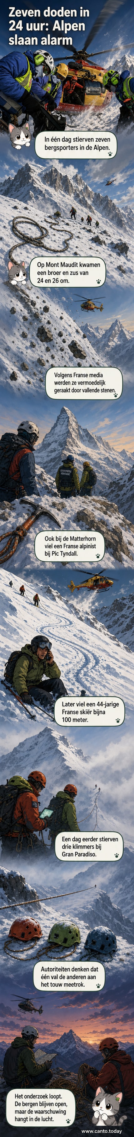 Bergachtig landschap van de Alpen met besneeuwde toppen en klimmers in de verte, schematisch weergegeven met een sombere sfeer.