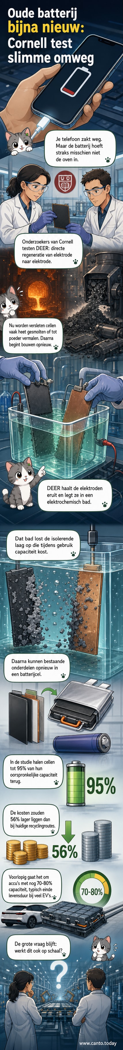 Illustratie van een oude batterij die in een elektrochemisch bad wordt geplaatst, waaruit een bijna nieuwe batterij tevoorschijn komt, met moleculaire structuren van elektroden die worden geregenereerd.
