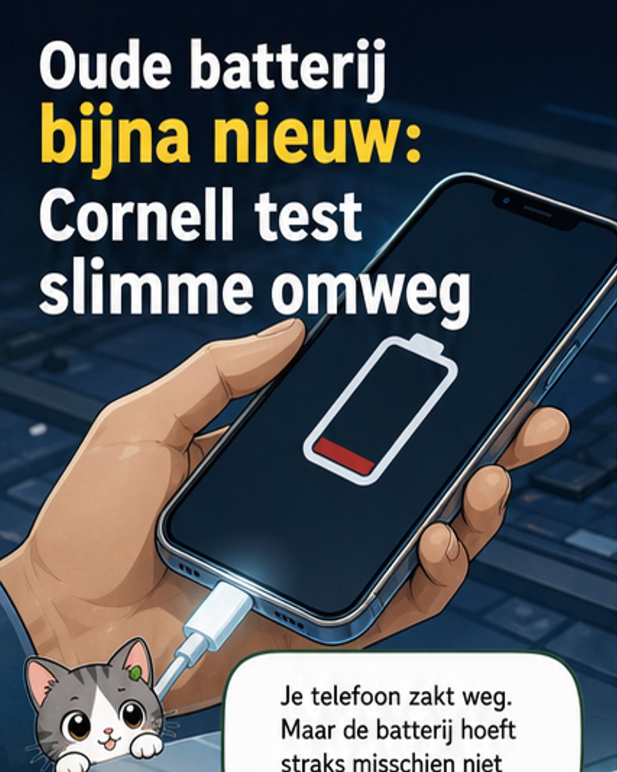 Illustratie van een oude batterij die in een elektrochemisch bad wordt geplaatst, waaruit een bijna nieuwe batterij tevoorschijn komt, met moleculaire structuren van elektroden die worden geregenereerd.