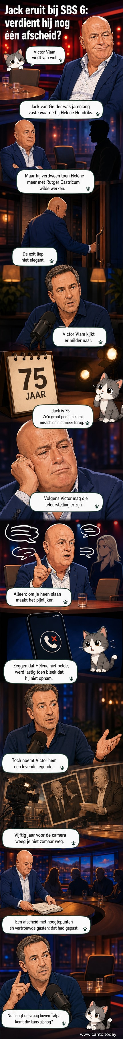 Illustratie van Jack van Gelder en Victor Vlam in een studio, met een achtergrond van tv-schermen en lichten.