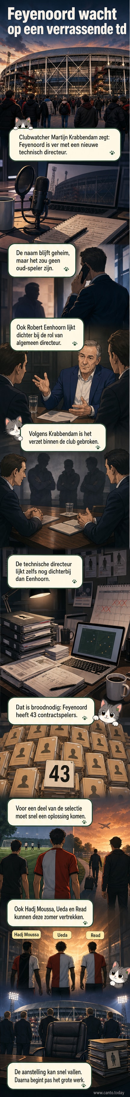 Illustratie van een Feyenoord-wapen met een schaduwfiguur van een nieuwe technisch directeur ernaast, met een vraagteken en voetbaltransfervlaggen.
