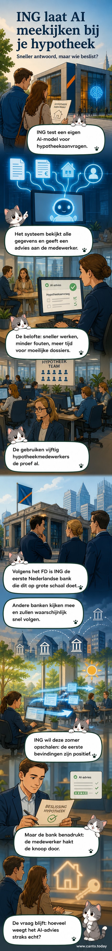 Een illustratie van een bankmedewerker die samen met een AI-scherm hypotheekdossiers beoordeelt, met datastroom en digitale analyse-elementen.