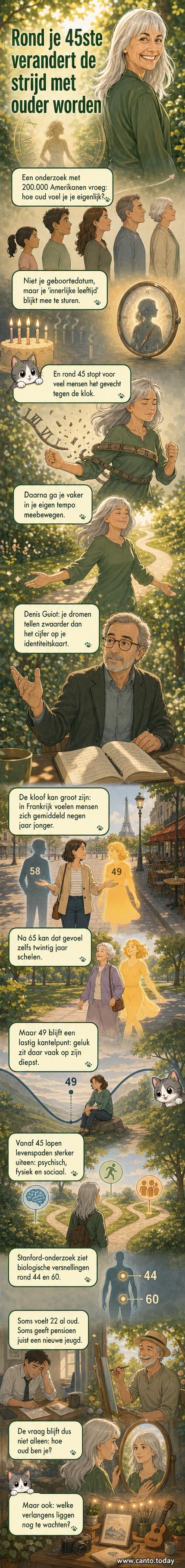 Illustratie van een persoon die op twee leeftijden tegelijk lijkt: jong van binnen, ouder van buiten, met een klok die stilstaat op 45.