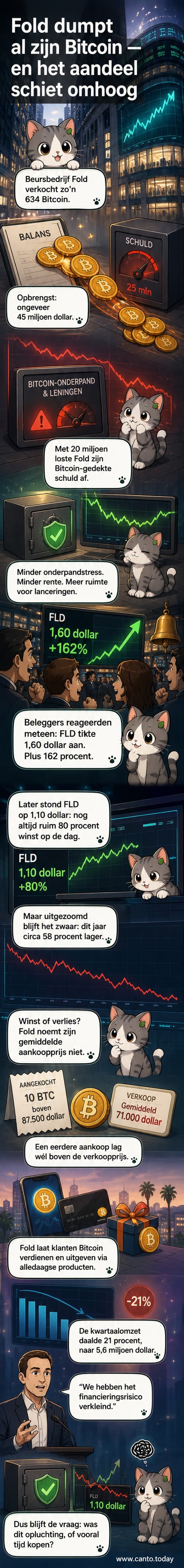 Een grafiek toont de sterke stijging van het Fold-aandeel na de aankondiging van de Bitcoin-verkoop, terwijl de Bitcoin-koers daalt.