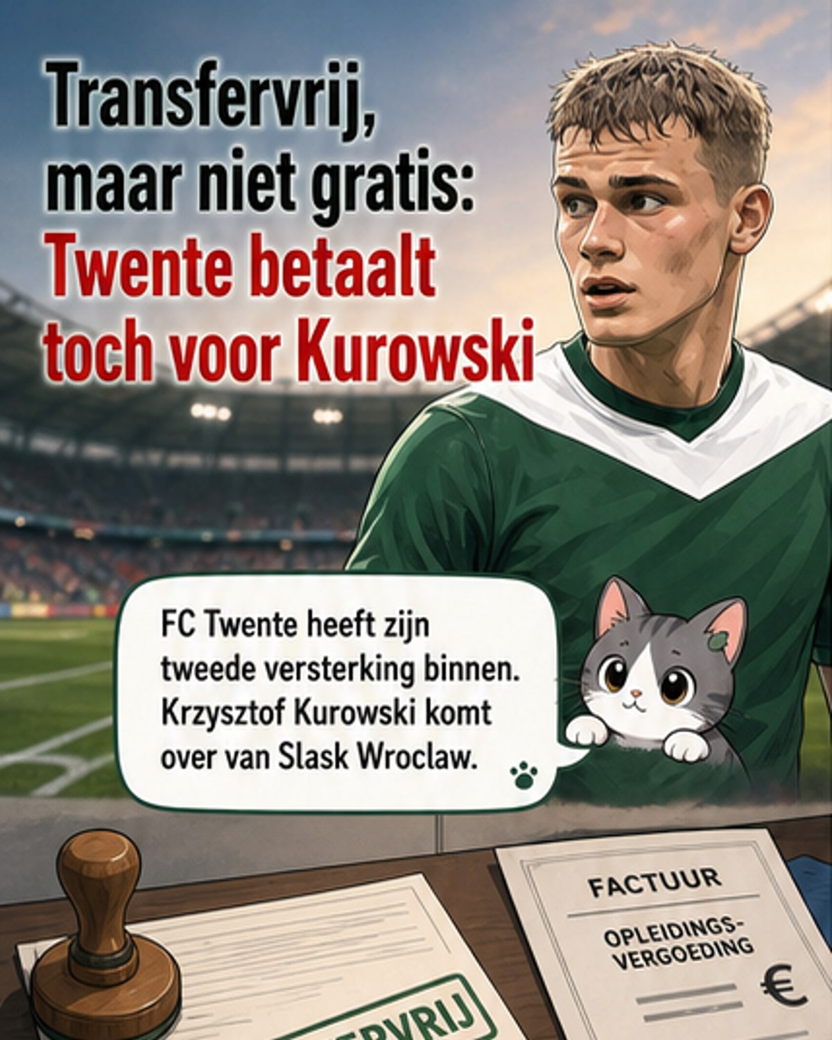 Jeugdige Poolse voetballer Krzysztof Kurowski in trainingsoutfit van FC Twente, met achtergrond van het stadion in Enschede.