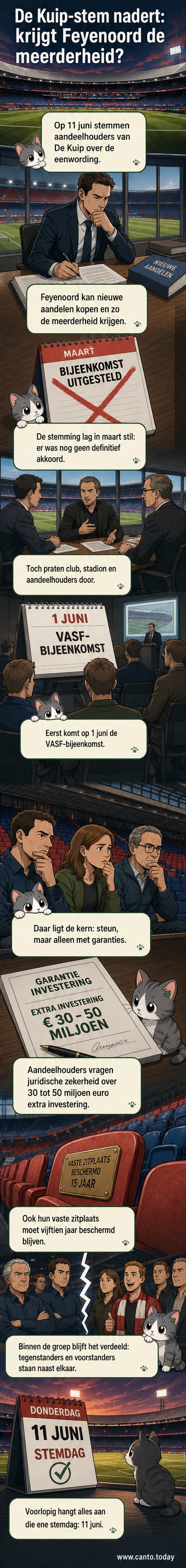 Illustratie van stadion De Kuip met Feyenoord-logo, waarin een vergaderzaal met aandeelhouders wordt getoond tijdens een besluitvorming over een statutenwijziging.