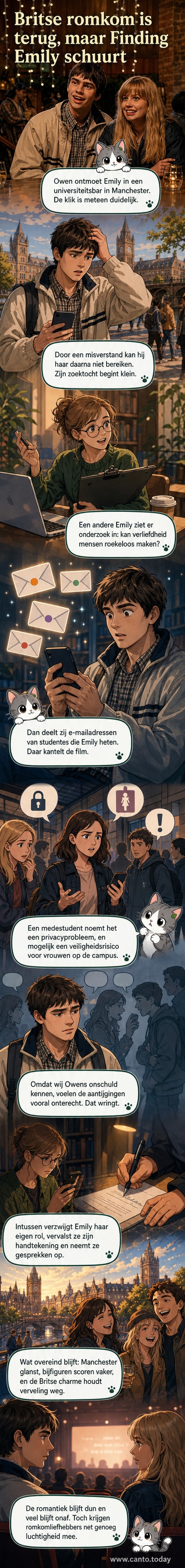 Poster van de film 'Finding Emily' met twee jonge hoofdpersonages tegen een stedelijke achtergrond in Manchester, omringd door zachte lichteffecten en een romantische sfeer.