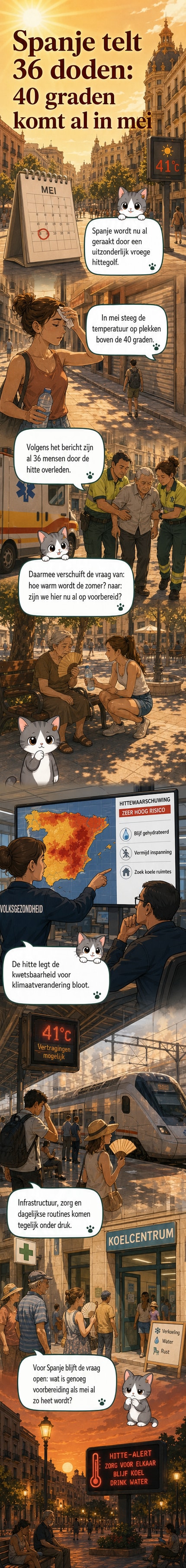Illustratie van een Spaanse stad onder extreme hitte, met mensen in de schaduw, thermometer boven 40°C, en een droge landschapstekening.