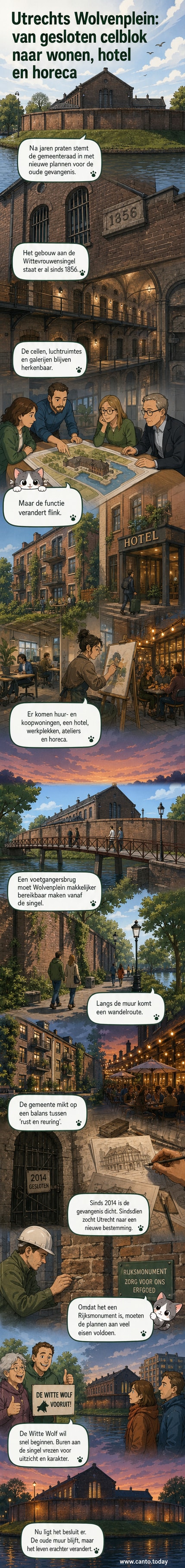 Luchtfoto van de voormalige gevangenis op het Wolvenplein in Utrecht, omgeven door groen en water, met de historische muur zichtbaar.