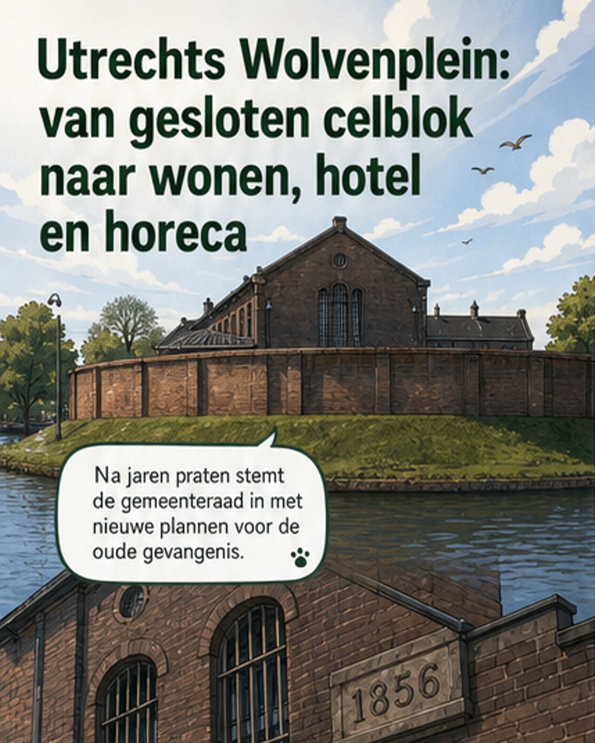 Luchtfoto van de voormalige gevangenis op het Wolvenplein in Utrecht, omgeven door groen en water, met de historische muur zichtbaar.