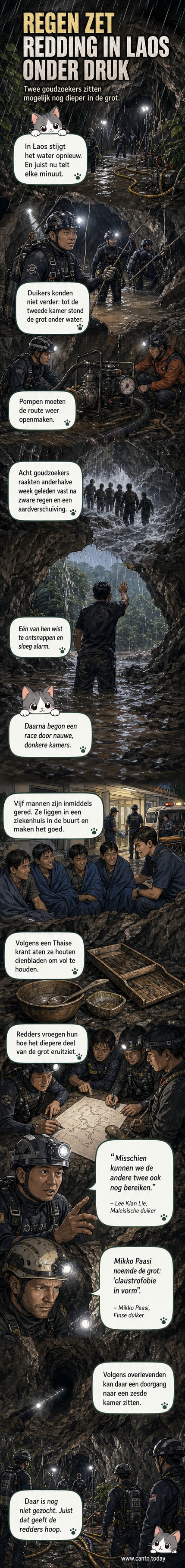 Illustratie van een donkere, ondergelopen grot in Laos waar duikers met lampen een zoektocht uitvoeren terwijl water stijgt en regen valt.