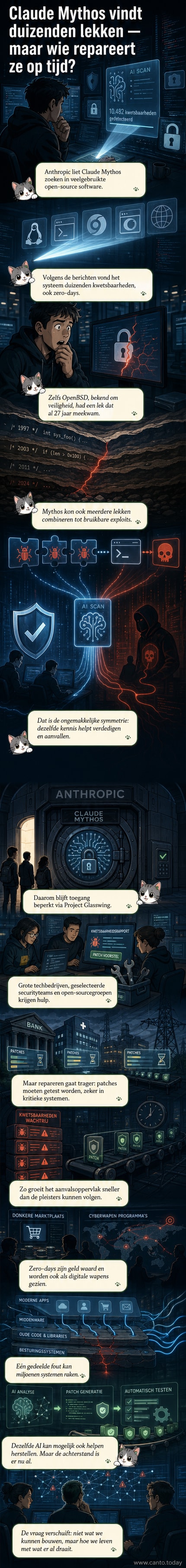 Een digitale illustratie van een AI die door een dichtbegroeid oerwoud van code navigeert, met zichtbare barsten in de basis van bomen die staan voor besturingssystemen en browsers.