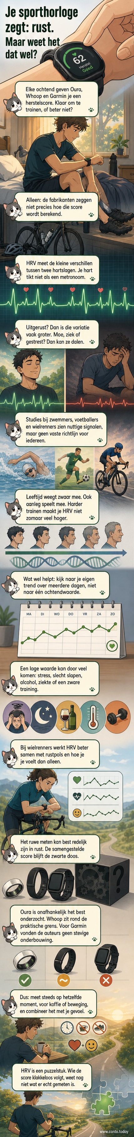 Een sporter kijkt naar de herstelscore op zijn wearable, terwijl een grafiek van hartritmevariabiliteit (HRV) op het scherm verschijnt met stijgende en dalende pieken.