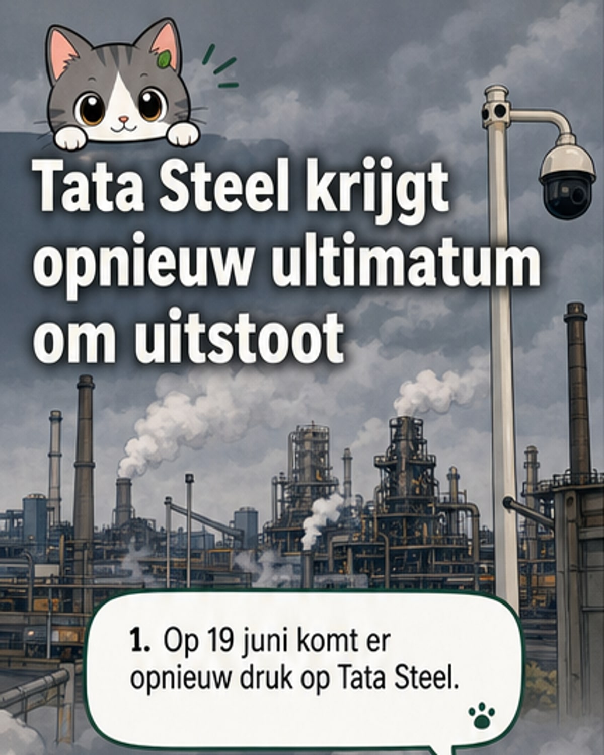 Illustratie van een stalen fabriek met rookpluimen, een waarschuwingsbord en een envelop met boete.