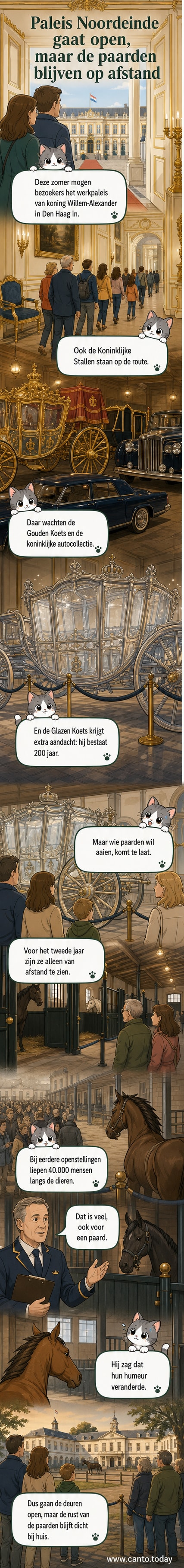 Illustratie van Paleis Noordeinde met de Glazen Koets ervoor, terwijl bezoekers op afstand blijven van de stallen waar paarden staan.