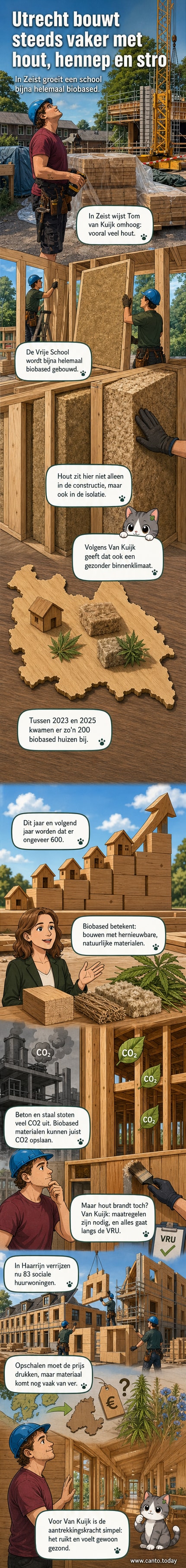 Een lichtgevende houten school in aanbouw, omgeven door groen, met werknemers in veiligheidsuitrusting