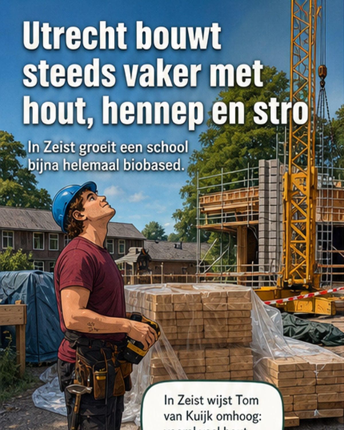 Een lichtgevende houten school in aanbouw, omgeven door groen, met werknemers in veiligheidsuitrusting