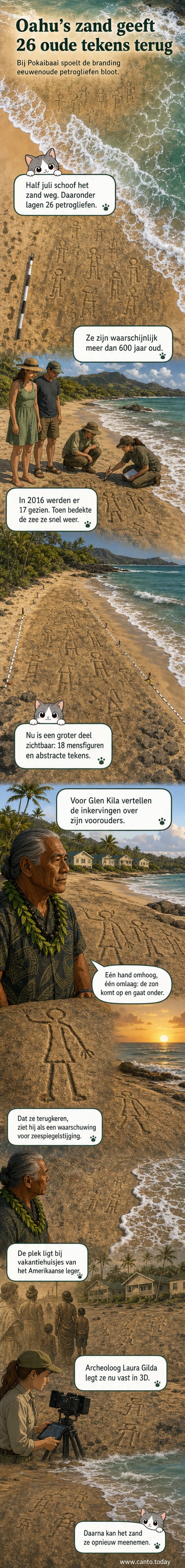 Dronefoto van een zandstrand op Oahu met zichtbare oude stokmensjes en abstracte figuren ingekerfd in de rotsbodem.