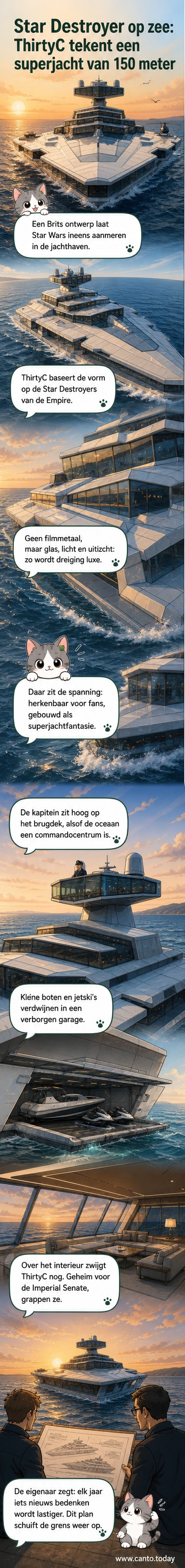 Illustratie van een 150 meter lang, glanzend wit superjacht met scherpe hoeken en een hoge brug, geïnspireerd op een Star Wars Star Destroyer, op open zee onder een heldere hemel.