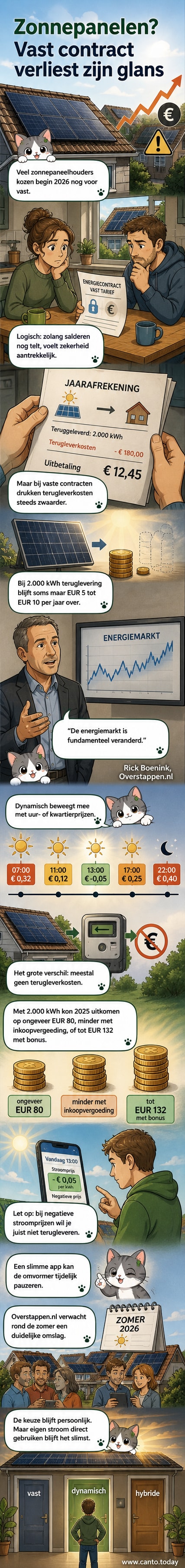 Illustratie van een huis met zonnepanelen en een smartphone die energiegebruik toont, met prijsgrafieken op de achtergrond