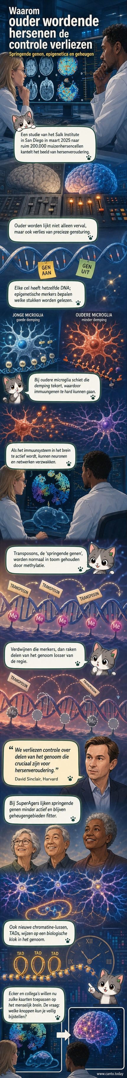 Illustratie van een hersencel met DNA-strengen waarop 'springende genen' worden afgebeeld als actieve, bewegende segmenten, omgeven door epigenetische merkers die afnemen met ouderdom.