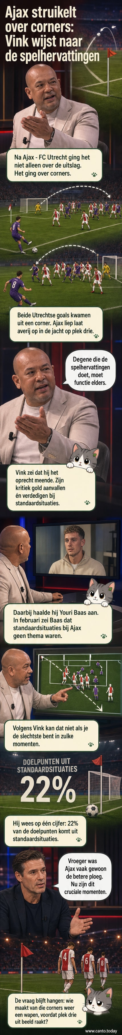 Twee spelers van FC Utrecht scoren uit een corner tegen Ajax, terwijl verdedigers geen druk uitoefenen; Marciano Vink kijkt ernstig in de studio.