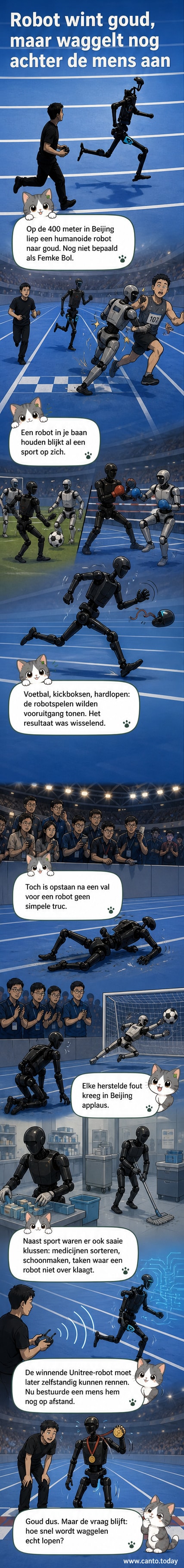 Een humanoïde robot in een lichtblauwe baan waggelt met wijd gespreide armen over een atletiekbaan, gefilmd tijdens de Humanoid Robot Games in Beijing.
