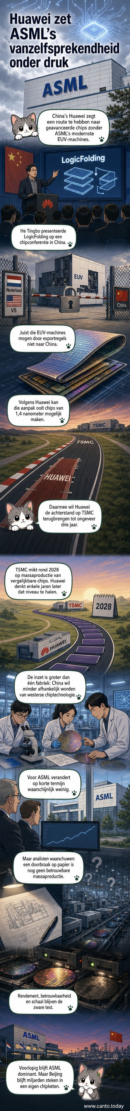 Illustratie van een moderne chipfabriek met een contrast tussen een Nederlandse ASML-machine en een Chinese fabriek die een alternatieve technologie ontwikkelt, met symbolen van nanometers en geopolitieke spanningen.