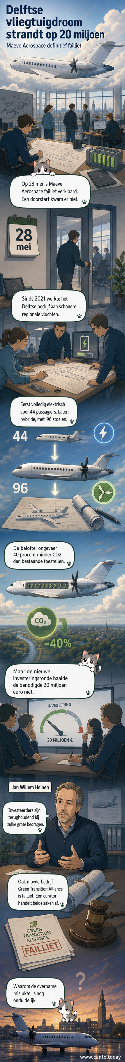 Een render van een modern hybride vliegtuig met het logo van Maeve Aerospace, op een lichtblauwe achtergrond.