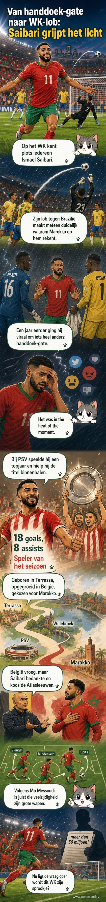 Ismael Saibari in Marokkaans tenue, bal in de lucht na een lob tegen Brazilië, met handdoek-gate beeld in de achtergrond.