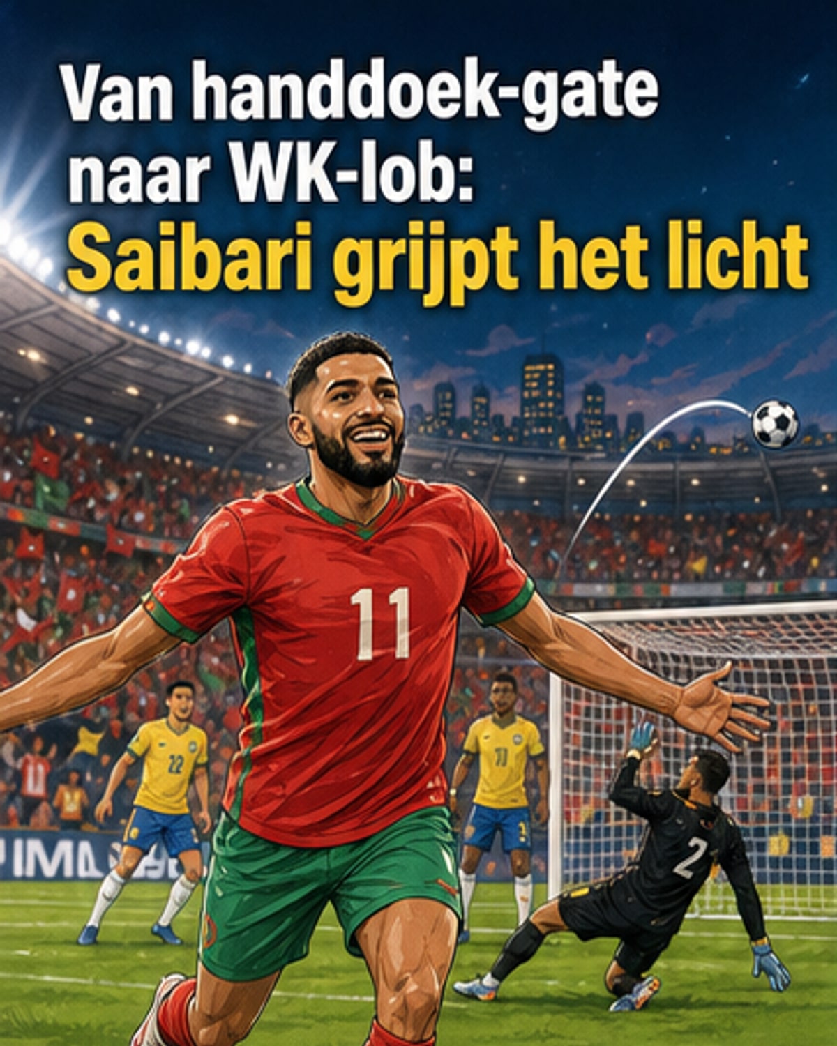 Ismael Saibari in Marokkaans tenue, bal in de lucht na een lob tegen Brazilië, met handdoek-gate beeld in de achtergrond.