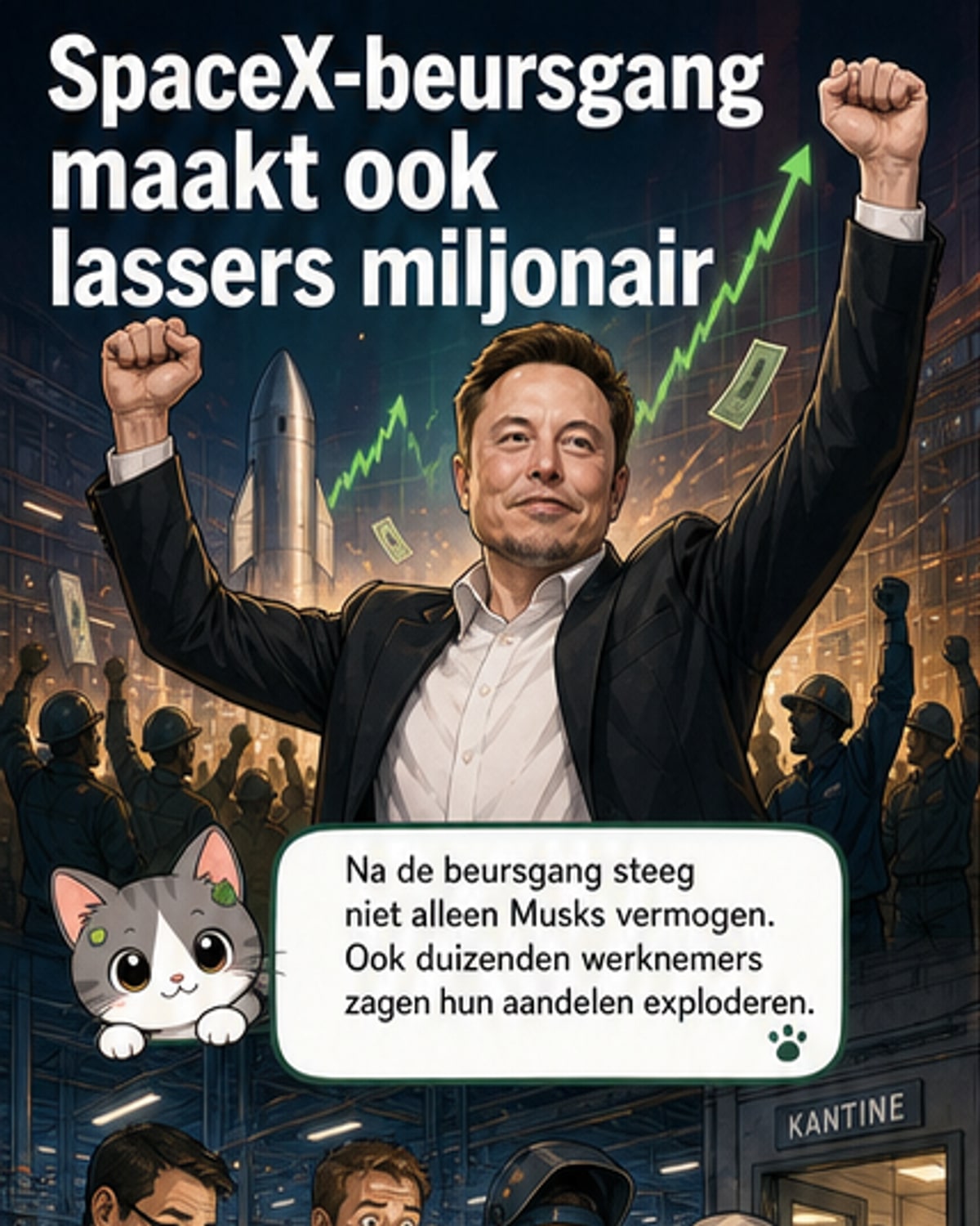 Een lasser en een kok bij SpaceX kijken naar een scherm met aandelenkoersen die stijgen, met achtergrond van raketlanceringen en sterrenhemel.