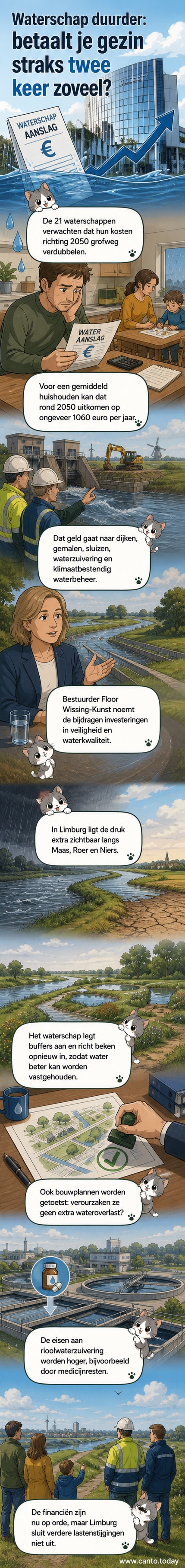 Illustratie van een Nederlandse woonwijk met stijgende waterlijnen rondom dijken, een regenwaterbuffer en een huishouden dat een belastingbrief opensnijdt terwijl de zon weer breekt door de wolken.
