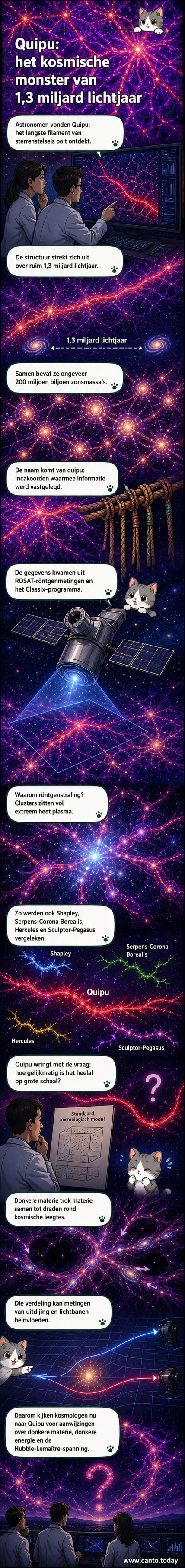 Illustratie van het kosmische filament Quipu, een roodachtig netwerk van sterrenstelsels die zich uitstrekt over miljarden lichtjaren, met donkere leegtes ertussen.