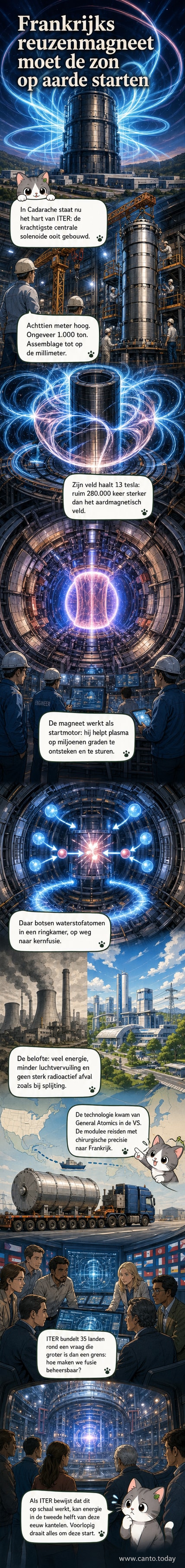 Gigantische cilindervormige supergeleidende magneet in een hightech laboratorium, het hart van de ITER-fusiereactor in Zuid-Frankrijk.