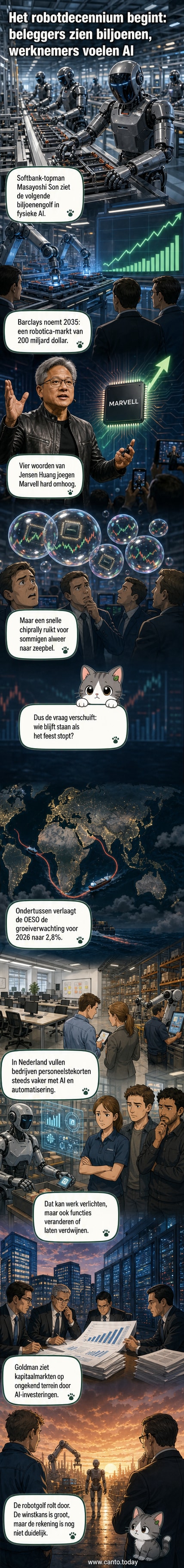 Een futuristische fabriek met robots in actie, terwijl een grafiek met stijgende aandelenkoersen op de achtergrond zichtbaar is.