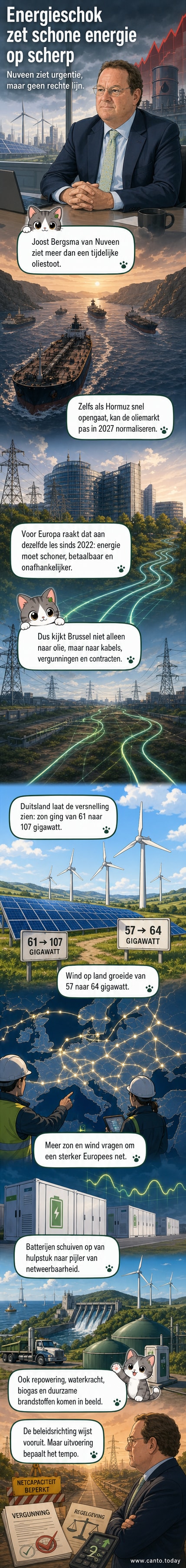 Een visuele weergave van de stijgende energieprijzen en de groei van zonne- en windcapaciteit in Europa, met pijlen die de versnelling van de energietransitie illustreren.