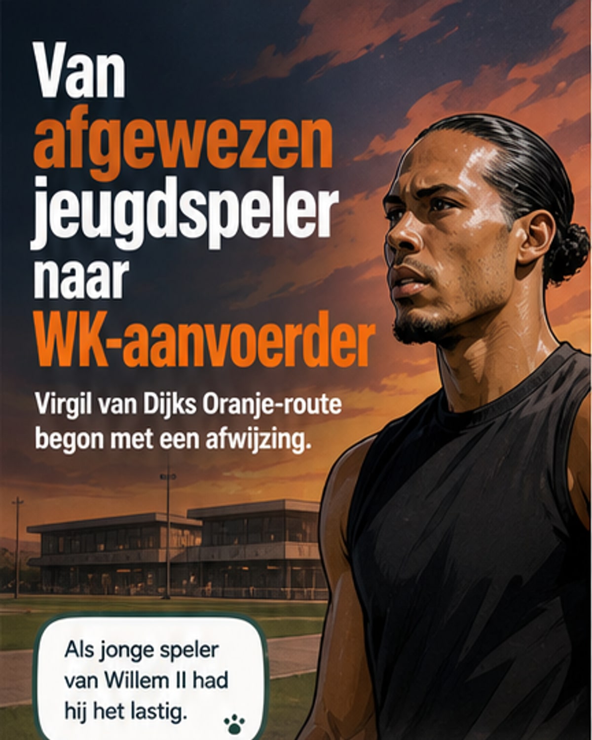 Virgil van Dijk in Oranje-shirt, staand op het veld tijdens een persconferentie, met een glimlach op zijn gezicht.